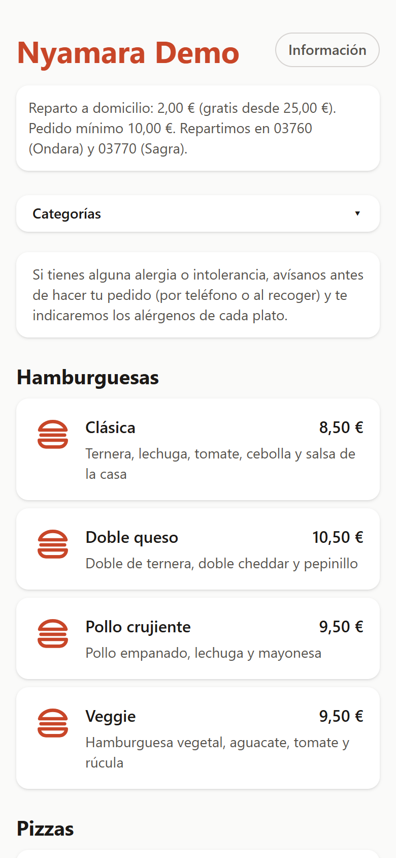La carta en el móvil, con iconos y precios